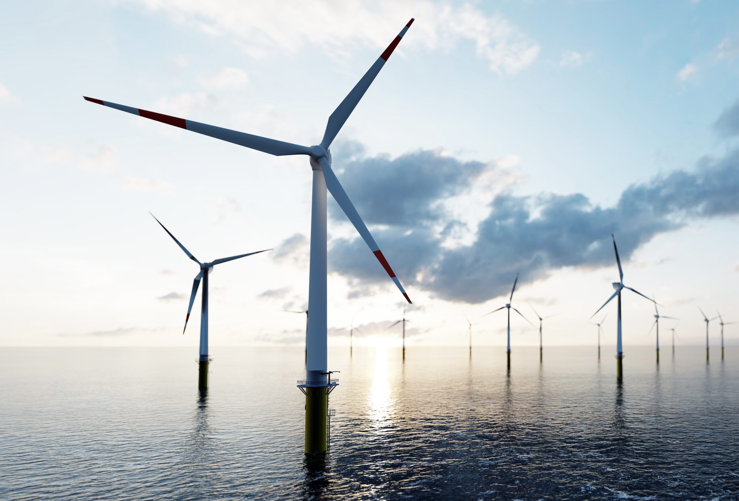 Offshore wind turbines farm on the ocean. Sustainable energy Renewables